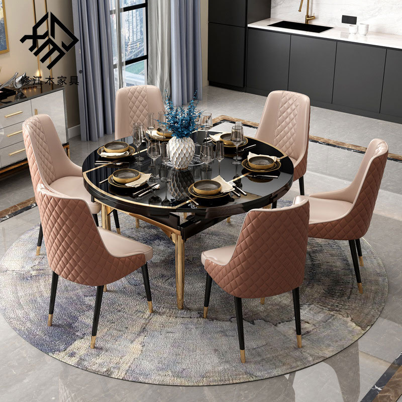 可伸缩轻奢圆餐桌椅组合 电磁炉大理石面桌椅 现代简约家用桌子
