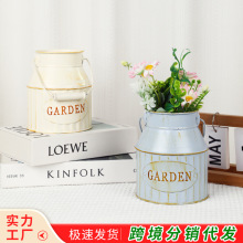 复古做旧奶壶铁皮盆仿真花干花插花桶室内家居橱窗装饰收纳摆件