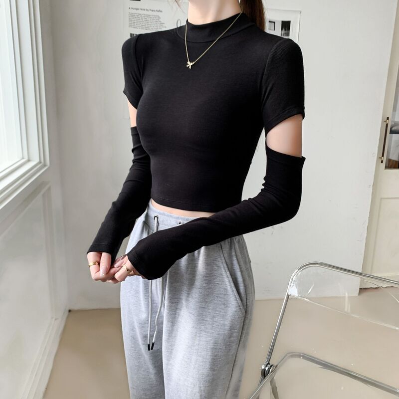 女性用ブラックハーフタートルネックボトリングシャツ、2025春夏新作スリムフィットショート長袖デザイン中空トップ|undefined