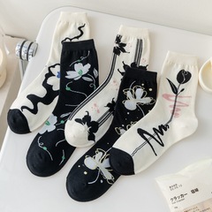 5雙裝 襪子女夏季中筒襪個性百搭學院風水墨立體花朵ins潮