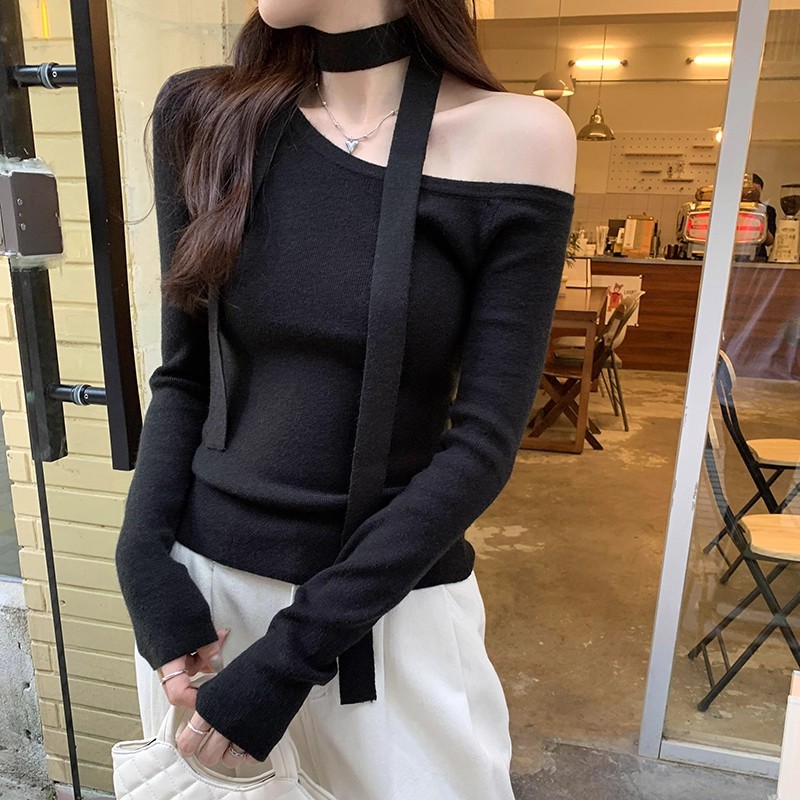 7133 # [Andy Velvet] Black Slim Fit Ribbon Knitted Bottoming Shirt for Women Spring and Autumn New Design Off Shoulder