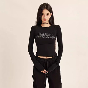 American Style Spice Girl Slim-Fit Slimming Long-Sleeved Top 2024 Spring and Autumn Base-Layer Shirt Printed Letter Shoulder Crewneck T-Shirt