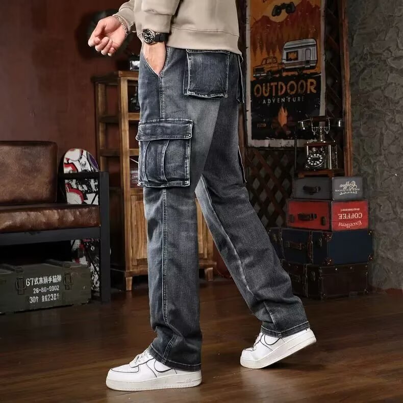 Outdoor Tactical Workwear Multi-Pocket Jeans for Men, Straight Loose Fit, Large Size, Heavy-Duty, Trendy Brand, American Retro Style, Spring and Autumn Model Outdoor Tactical Workwear Multi-Pocket Jeans for Men, Straight Loose Fit, Large Size, Heavy-Duty, Trendy Brand, American Retro Style, Spring and Autumn Model
