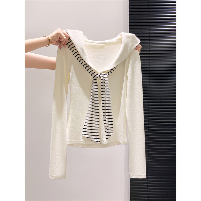 1*1 Custom Navy Blue Long Sleeve T-Shirt for Women, Spring and Autumn Striped Tie Patchwork Slimming Top