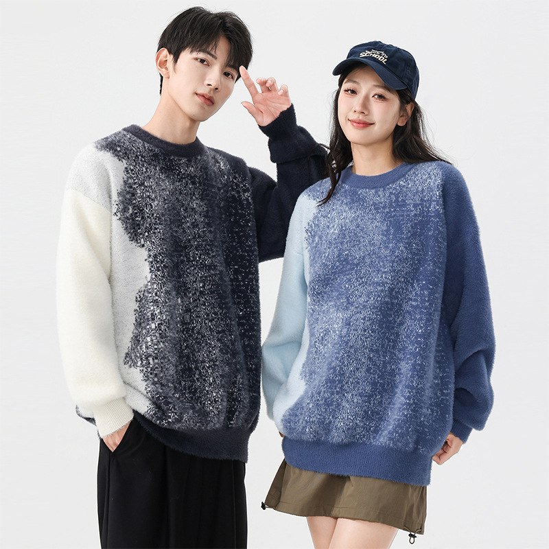 秋冬潮流扎染情侣毛衣男宽松仿貂绒针织衫慵懒风高街潮牌痞帅男装