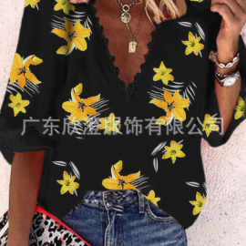 现货2022新款花卉印花蕾丝 V 领上衣休闲衬衫短袖优雅时尚宽松型