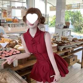 【原版面料】车厘子红兔耳衬衫领系带蝴蝶结收腰显瘦花苞连衣裙
