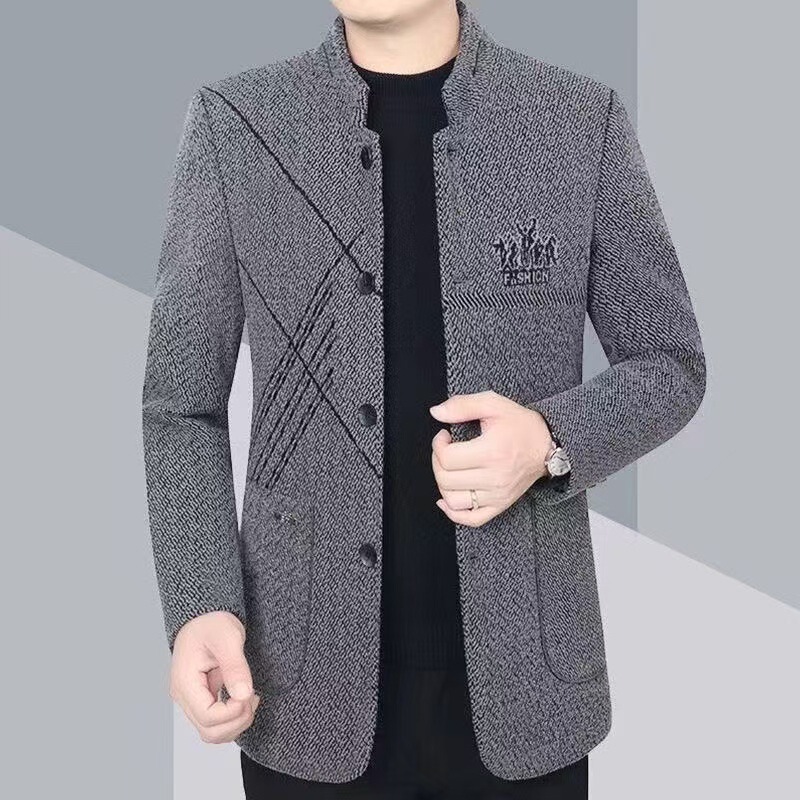Autumn and winter thin velvet mid-length coat stand collar jacket business woolen coat men's casual slim-fit men's autumn and winter coat