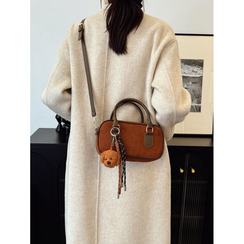 复古手提保龄球包包女新款秋冬潮韩国小方包仿鹿皮单肩斜挎包