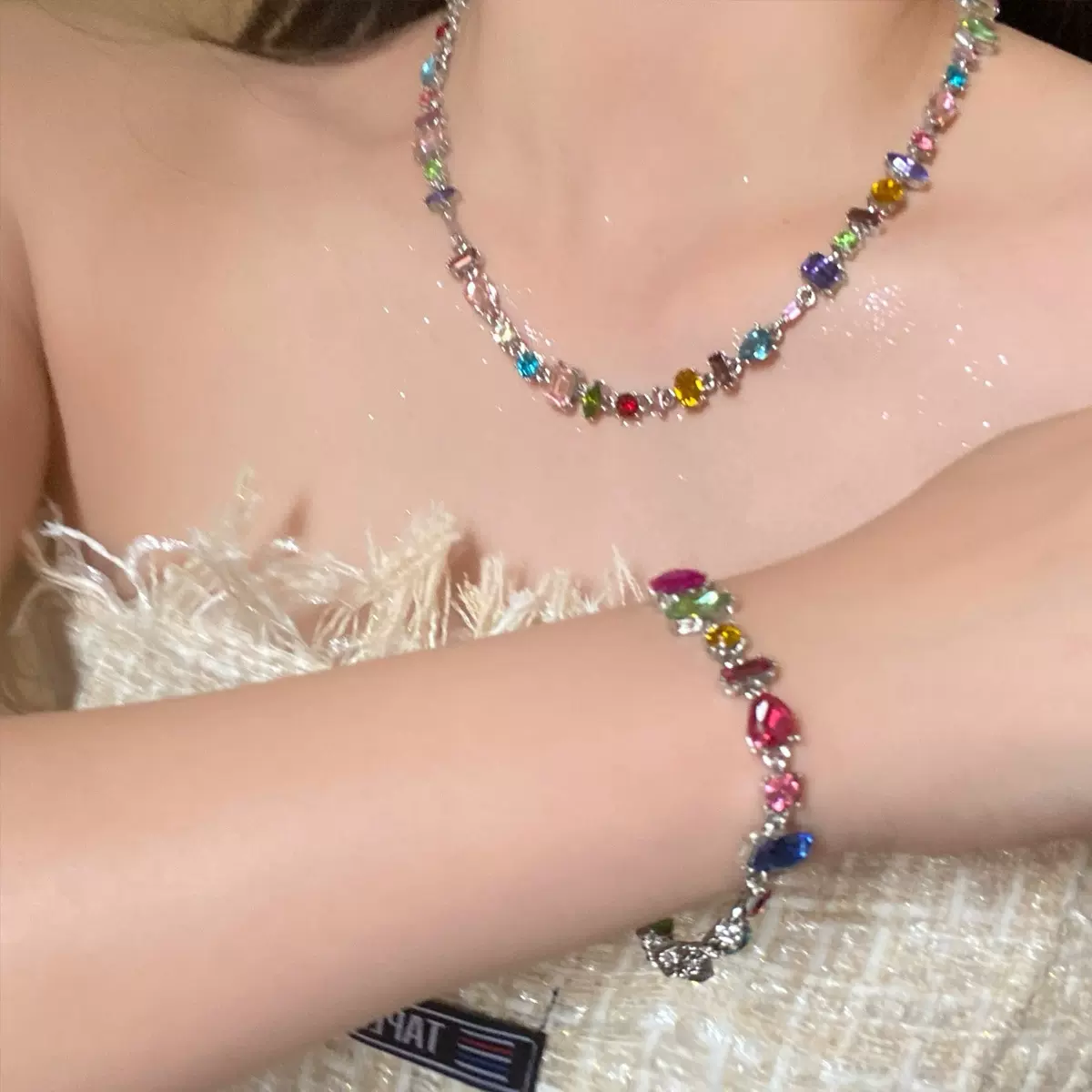 甜心糖果彩色水晶锆石项链轻奢高级感爱心彩虹锁骨链女ins小众潮