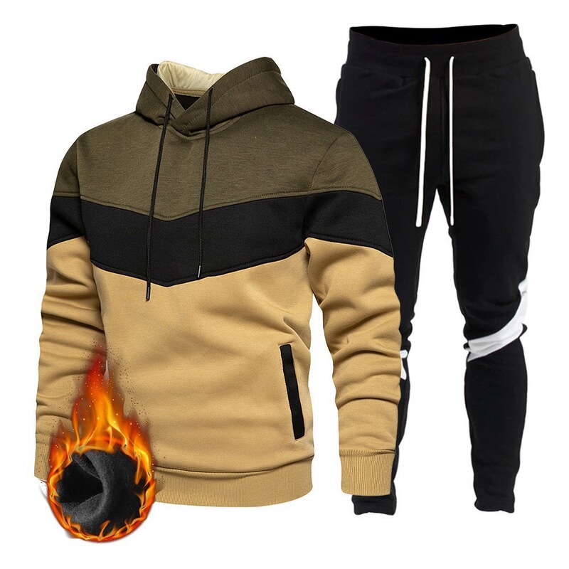 Cross-Border New Sports Suit for Men, Autumn and Winter Fleece Fashion Color-Blocking Casual Patchwork Hooded Sweatshirt and Pants Set