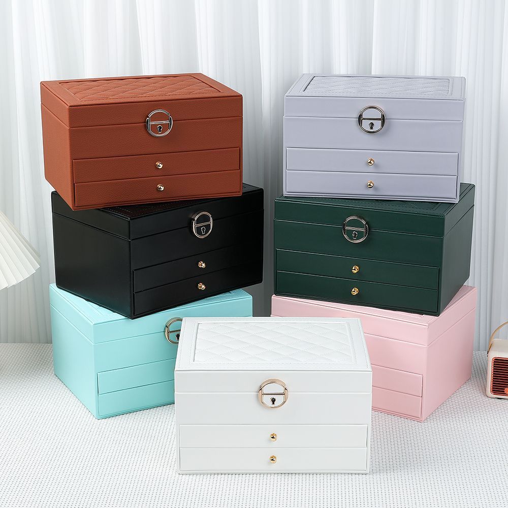 Jewelry Storage Box Lingge Three-Layer Jewelry Box with Lock Large Capacity Necklace Ring Watch Bracelet Dust-Proof Storage Box