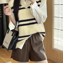 pu皮短裤女秋季2025新款美拉德穿搭高腰显瘦百搭抽绳阔腿休闲裤子