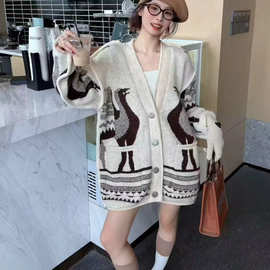 欧美外贸重工提花中长款开衫毛衣女2025秋冬新款宽松慵懒针织外套