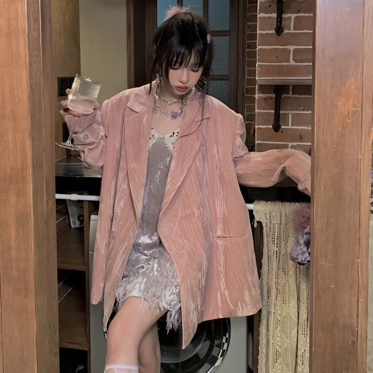 高级感炸街复古丝绒西装外套女春秋2025新款设计小众宽松休闲西服|undefined