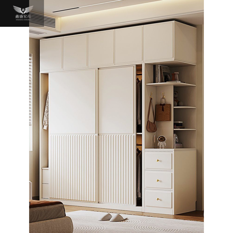 Armario moderno simple crema de viento dormitorio pequeño blanco puerta corredera doméstica puerta corredera armario de almacenamiento