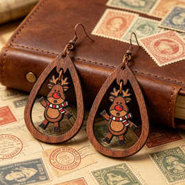 跨境独立站水滴形镂空搞怪小鹿耳环 合金耳钩 木质耳环耳饰