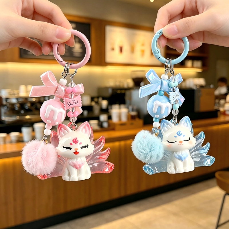 Original resin cute bow beaded pendant, three-dimensional nine-tailed fox pendant, gift for best friends, bag decoration for couples Original resin cute bow beaded pendant, three-dimensional nine-tailed fox pendant, gift for best friends, bag decoration for couples