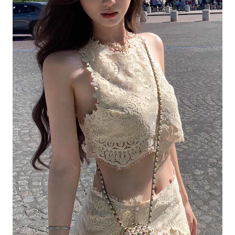 MEIPIN ルーブルパラダイスエレガントで甘くて絶妙なまつげレーストップ + ロングスカートスーツ女性 2025 夏新|undefined
