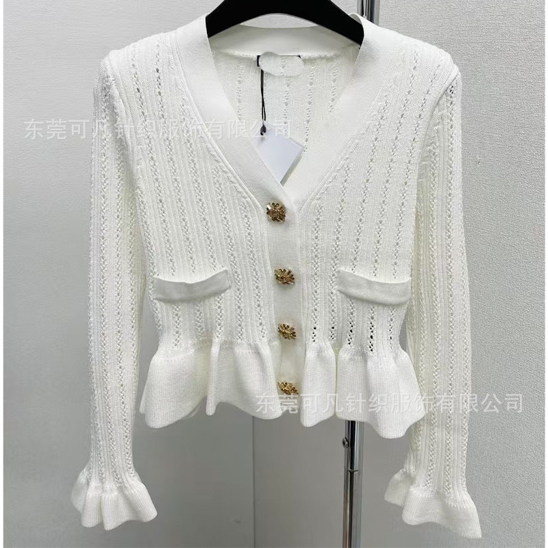 Balmain Early Autumn Knitted V-Neck Ruffled Pit Knitted Cardigan Women's Thin Coat Top 2024 New