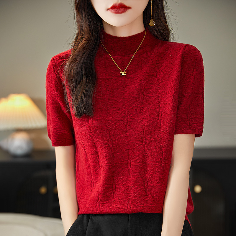 Trendy Butterfly Pleated Half-High Collar Knitted Short-Sleeve Women's Sweater, Slim-Fit Elegant Inner Mid-Neck Knitted Base Layer Trendy Butterfly Pleated Half-High Collar Knitted Short-Sleeve Women's Sweater, Slim-Fit Elegant Inner Mid-Neck Knitted Base Layer