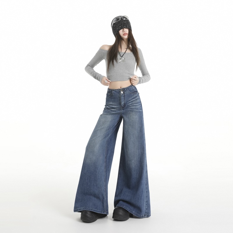 American retro style spicy girl bamboo pattern wide-leg jeans, new double-button design, loose and floor-length