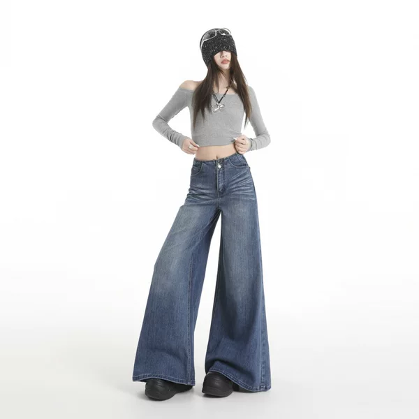 American retro style spicy girl bamboo pattern wide-leg jeans, new double-button design, loose and floor-length