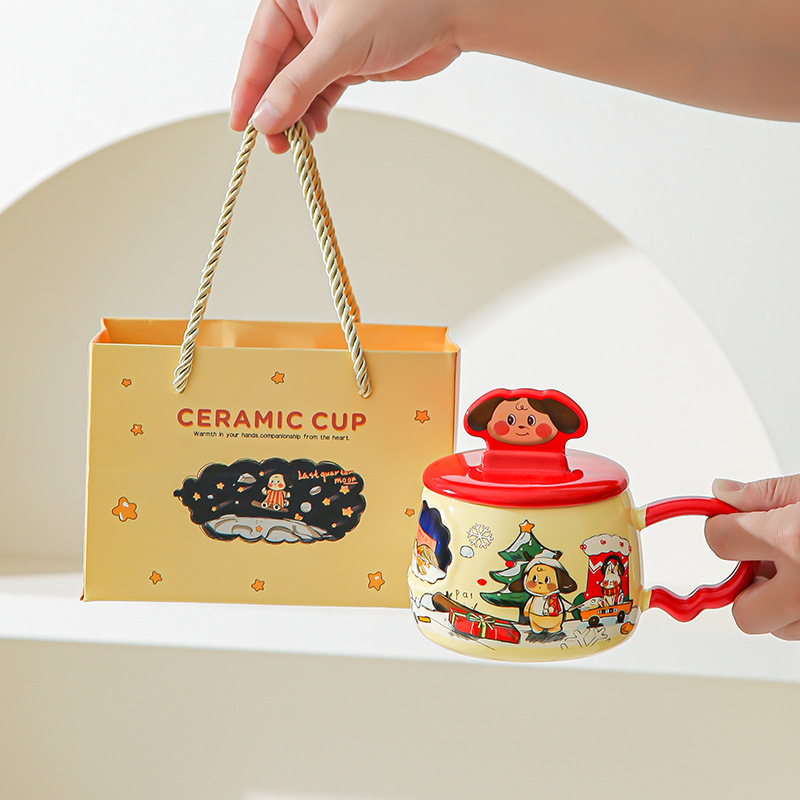 Taza de cerámica de dibujos animados creativos con soporte de teléfono móvil cubierta de taza de agua de oficina casera caja de regalo de alto valor pintada a mano taza de viento