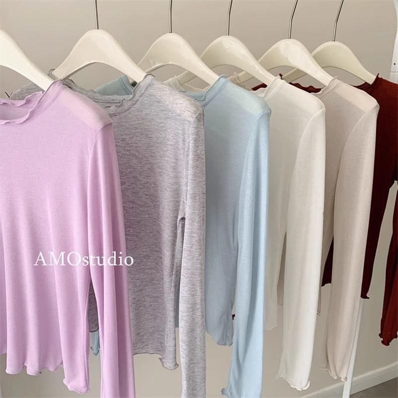 Colorful Ruffled Long-Sleeve Sun-Protective T-Shirt for Women, Made of Lyocell Tencel, Slimming, Drapey, Soft, Short Summer Air-Conditioning Shirt