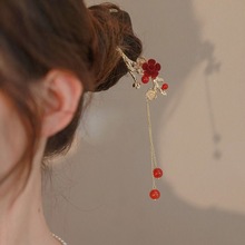 植絨花朵珍珠流蘇發簪新中式國潮盤發發釵復古高級感氣質發飾
