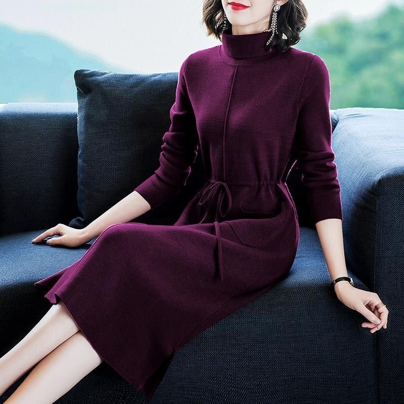 品牌时尚系带长款毛衣连衣裙女2025新款百搭中年妈妈装羊毛针织衫