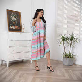 2025新款跨境专供女式几何大衣色块西米亚休闲时尚女装连衣裙