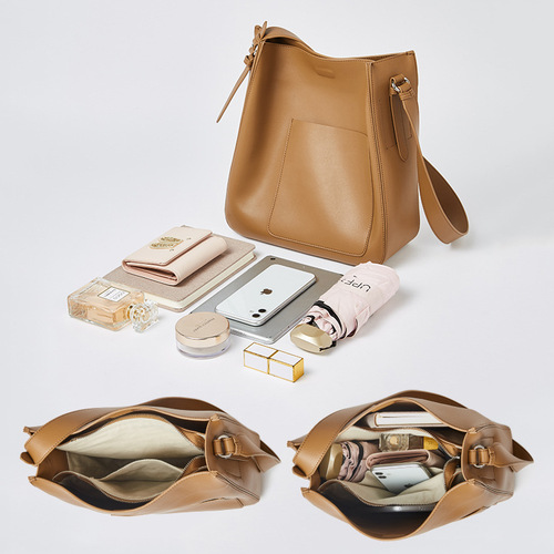 2024 New Genuine Leather Women's Bag Large Capacity Soft Leather Bucket Bag Women's Retro Commuting Tote Bag Single Shoulder Crossbody Bag