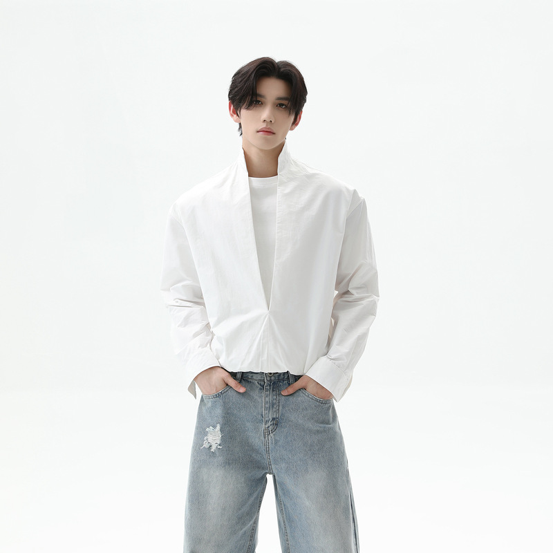 Solid Color Design Deep V Stand Collar Long Sleeve Shirt for Men, Loose High-End Commuter Stylish Top Versatile Casual Shirt