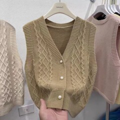 秋季新款纯色麻花针织马甲女学院风无袖开衫毛衣甜美风背心坎肩潮