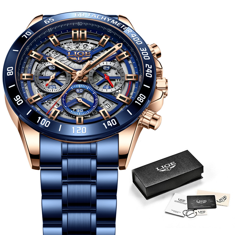 LIGE 8944 nuevo cinturón de acero de seis pines ahuecado personalidad de la moda de los hombres de moda reloj de regalo