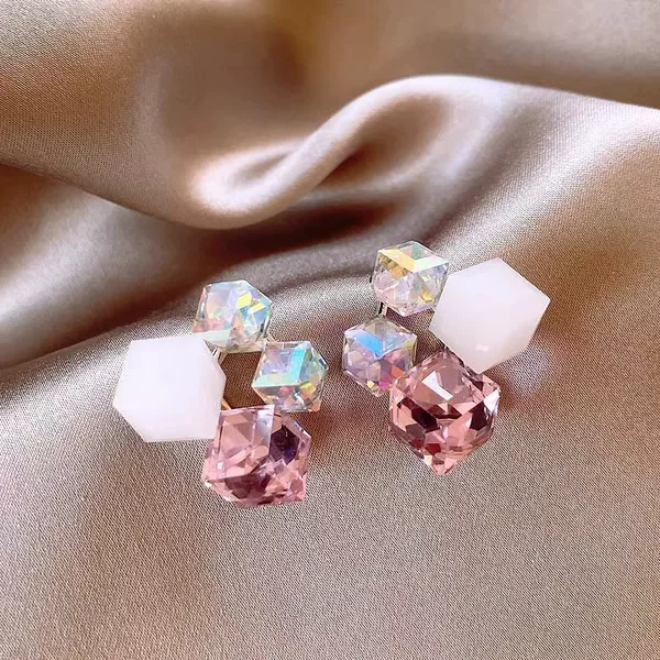 Geometric Square Three-dimensional Fantasy Zircon Earrings Earrings Advanced Gradient Color Sugar All-match Earrings