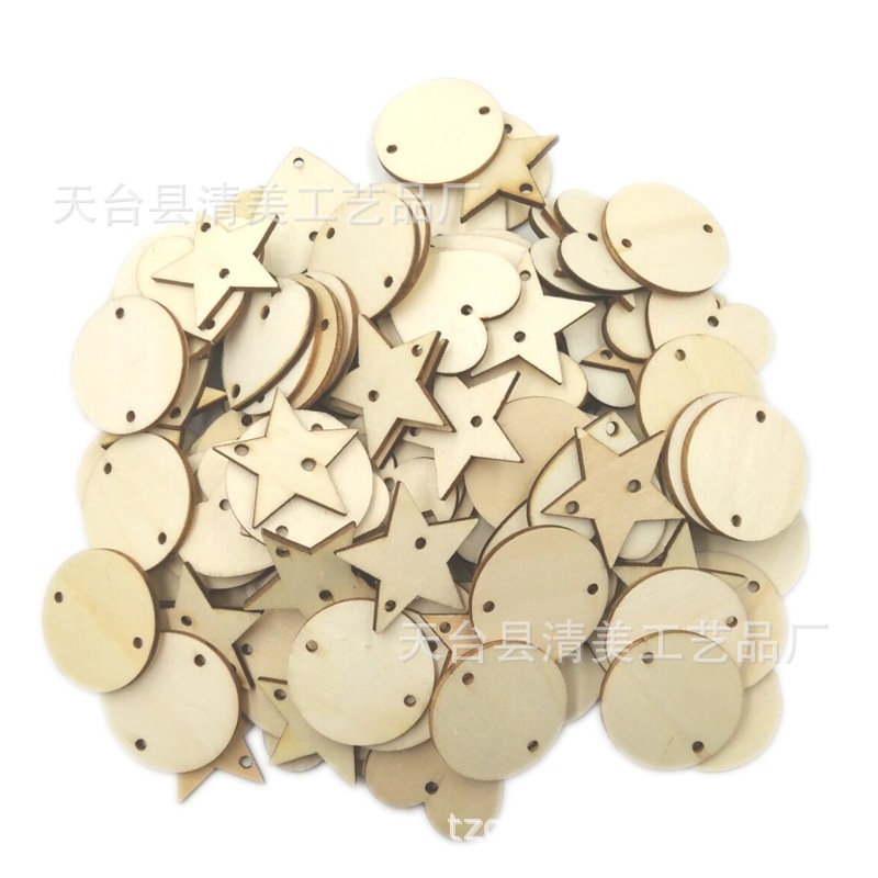 35mm doble agujero redondo de madera chip/Corazón de melocotón/Estrella de cinco puntas/en forma de corazón/amor madera chip mezclado Decoración Accesorios de madera