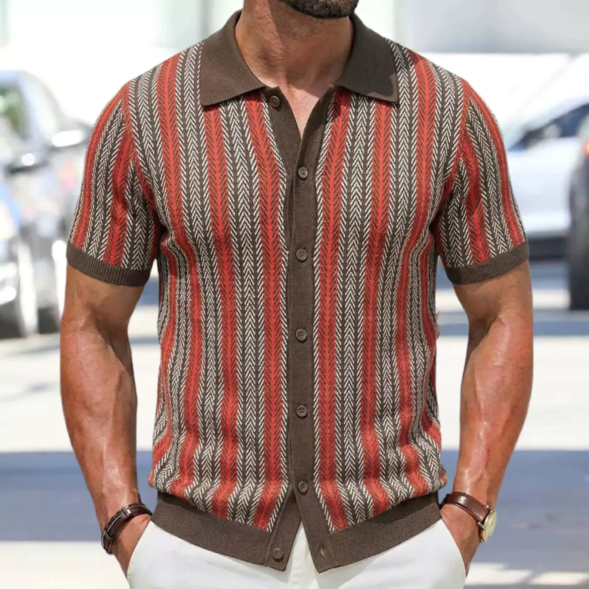 欧美外贸男士高端短袖针织衫 夏季新款条纹提花商务Polo衫SY0116