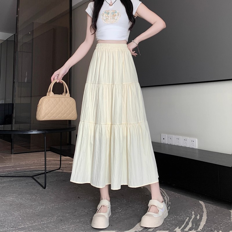 白色蛋糕裙伞裙女夏季新款垂感遮胯百褶裙A字裙长裙小个子半身裙|undefined