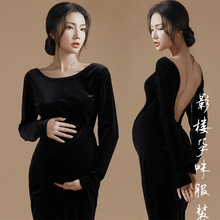 影楼新款孕妇摄影服装修身显瘦黑丝绒复古旗袍连衣裙孕妈拍照服装