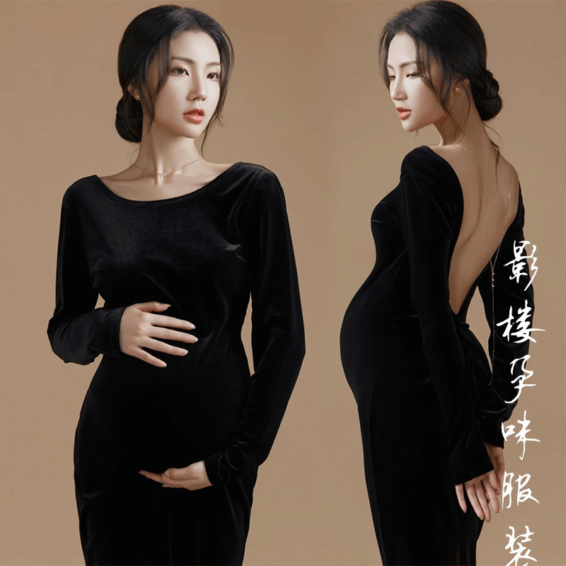 Photo Studio New Pregnant Women Photography Clothing Slim-fit Slimming Black Velvet Retro Cheongsam Dress Pregnant Mother Photography Clothing