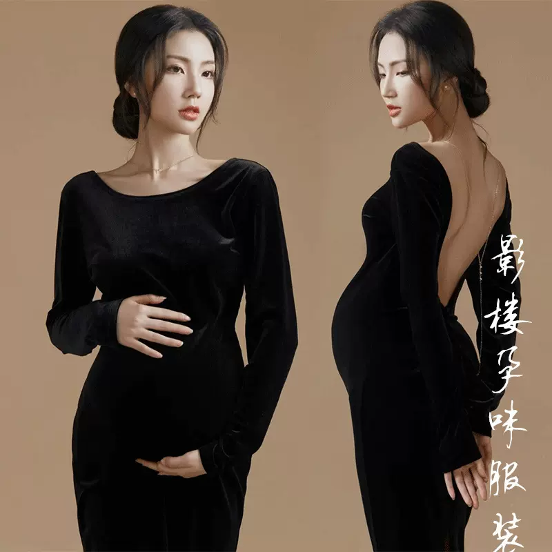 影楼新款孕妇摄影服装修身显瘦黑丝绒复古旗袍连衣裙孕妈拍照服装