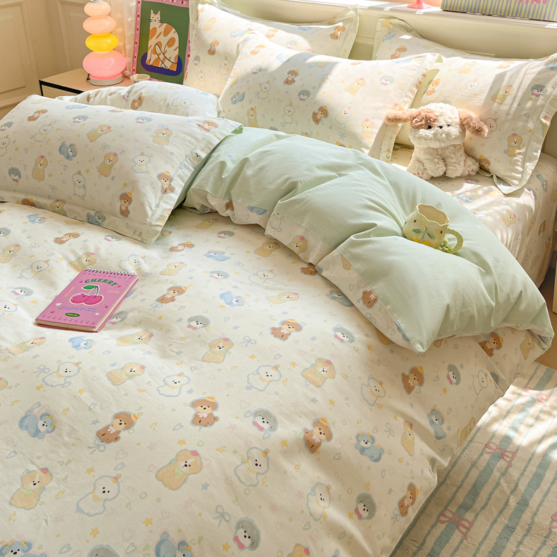 Xiaokaba algodón fresco de cuatro piezas, sábanas de algodón, ropa de cama de tres piezas para estudiantes.