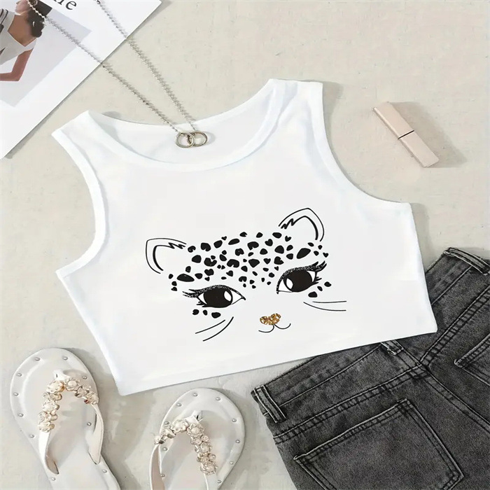 European American Style Cropped Printed Vest Sleeveless round Neck Tank Top for Women New Summer Hot Girl Look Blended Material_ecoleips.com