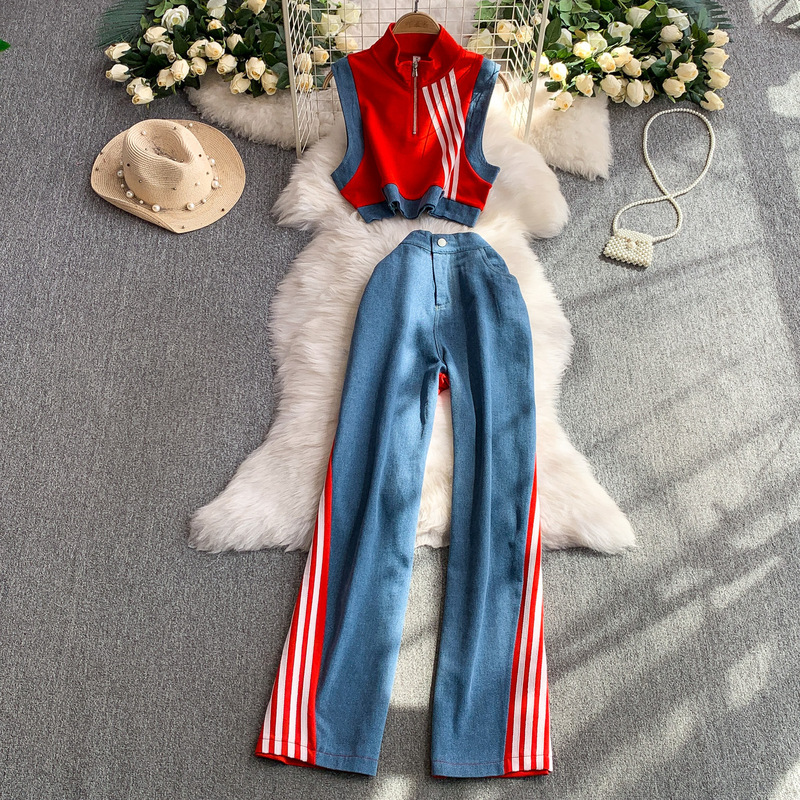 Cross-Border Half-High Collar Sleeveless Design Denim Splicing Striped Short Hot Girl Top + High-Waisted Slimming Wide-Leg Pants Two