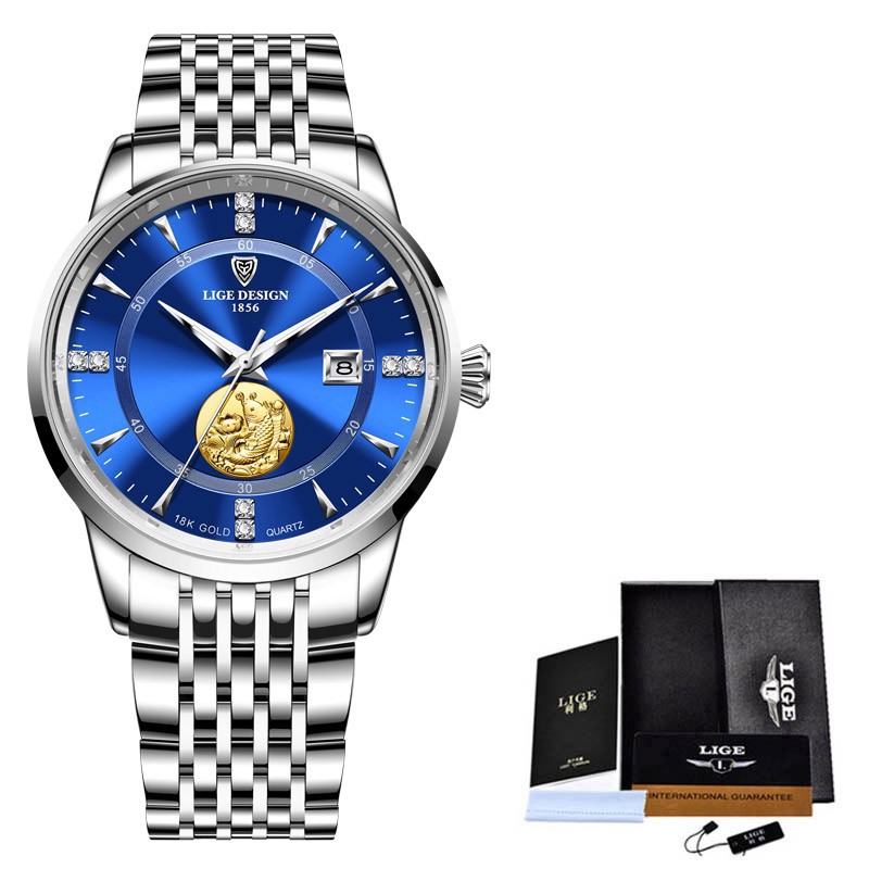 LIGE10050 nueva serie de Lucky Lotus koi reloj de regalo conmemorativo calendario cinturón de acero de negocios incrustado con diamantes