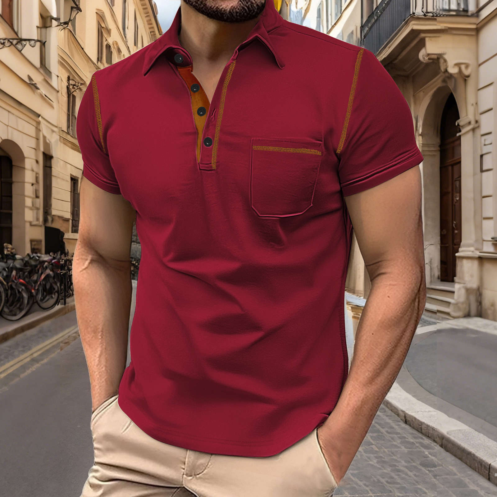 Troncal American TEMU Venta caliente Camisa Henry de manga corta para hombre Verano Deportes casuales Botón de color sólido Tapeta de apertura Polo