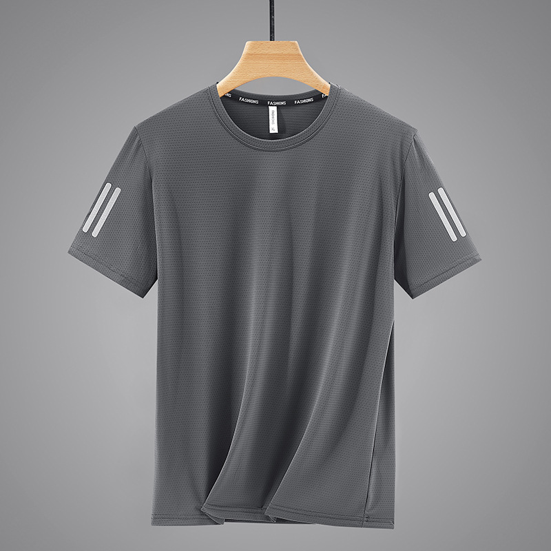 Men's T-Shirt Short-Sleeved Summer Elastic Round Neck Solid Color Stripesd Lightweight Breathable Large Size Running Fitness Sports T-Shirt