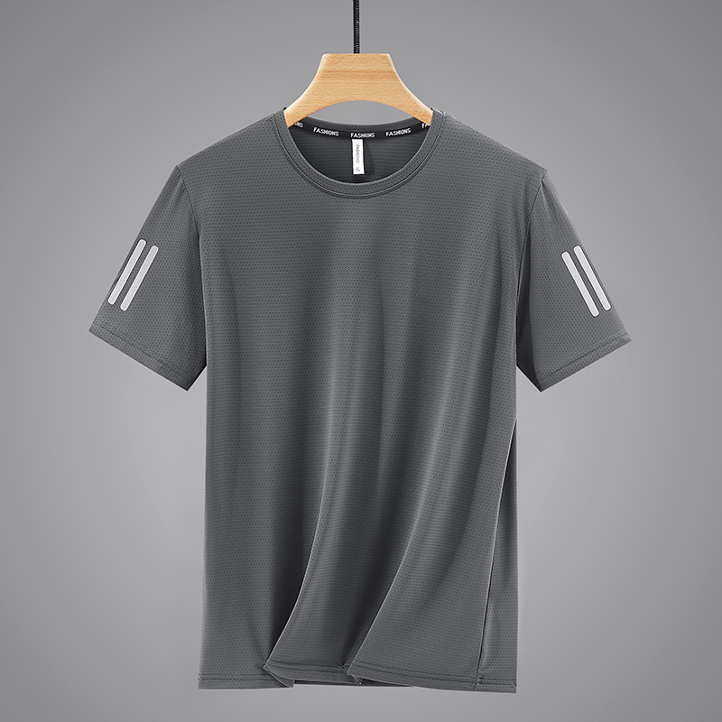 Men's T-Shirt Short-Sleeved Summer Elastic Round Neck Solid Color Stripesd Lightweight Breathable Large Size Running Fitness Sports T-Shirt